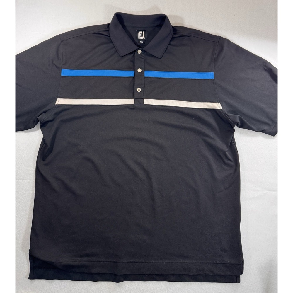 Footjoy Mens Golf Polo XL Black Blue White Stripe SH Embroidered On Sleeve  EUC